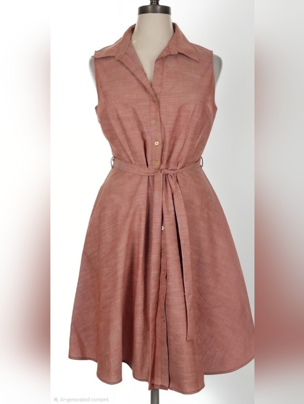 Sleeveless Dusty Rose Button-Front Tie-Waist Dress